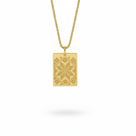 Solid gold tatreez pendant handcrafted by SOIL Jewelry