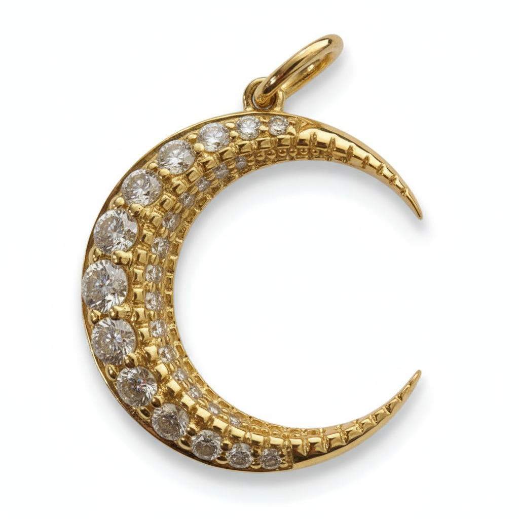Solid gold crescent moon pendant handcrafted by SOIL Jewelry