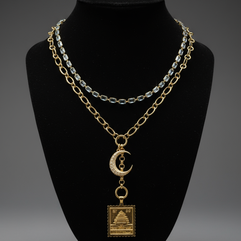 Solid gold crescent moon pendant layered with solid gold necklaces on a black display, handcrafted by SOIL Jewelry