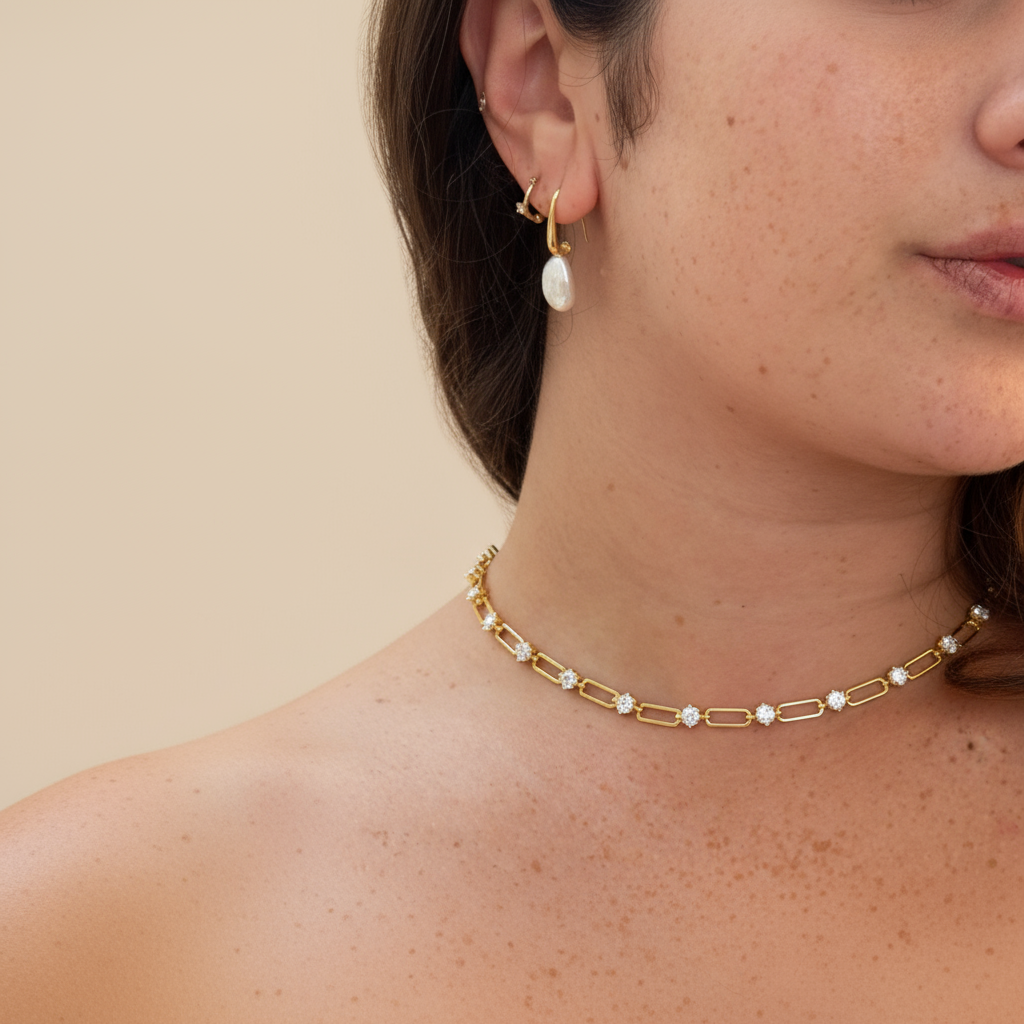 Female wearing 18K gold vermeil gem link necklace handmade by SOIL Jewelry